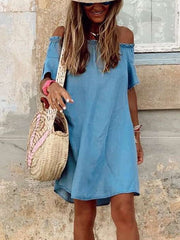 Casual Pure One shoulder One shoulder Short sleeve Jean Shift Dresses