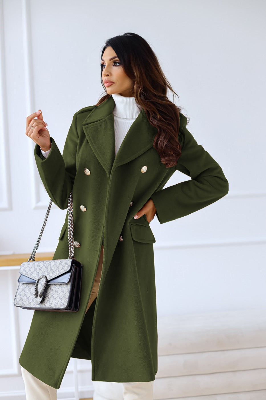 Simple long-sleeved big lapel double-breasted long coats