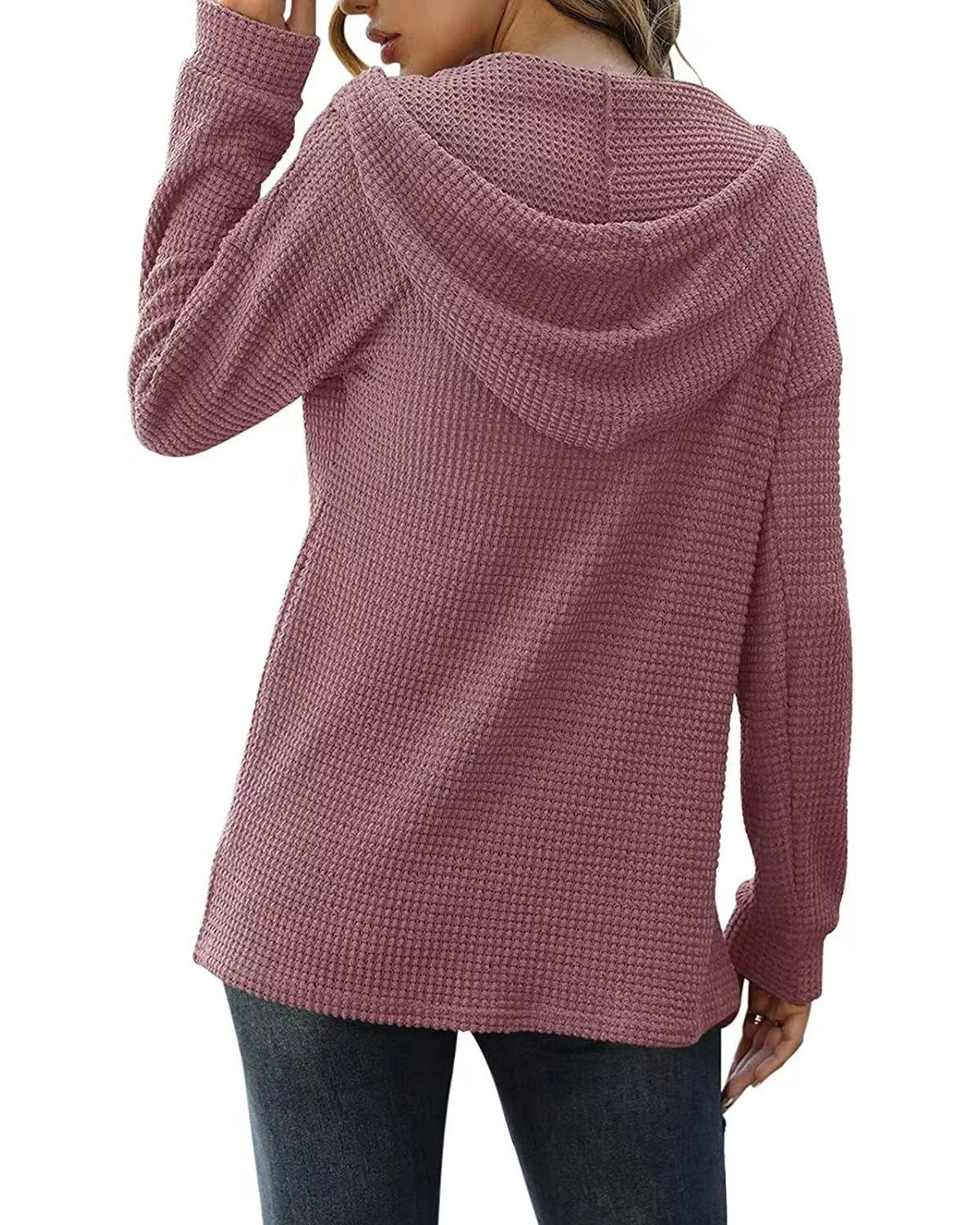 Loose Sports Knit Long Sleeve Button Hooded Sweatshirts