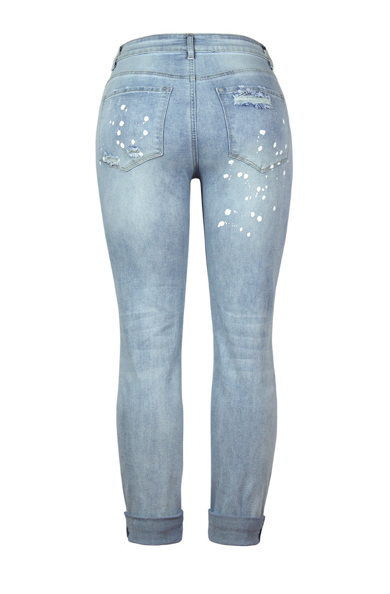 Basic fashion hole design denim jeans long pants