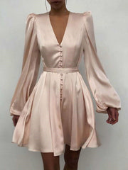 Elegant Fastener V neck Long sleeve Skater Dresses