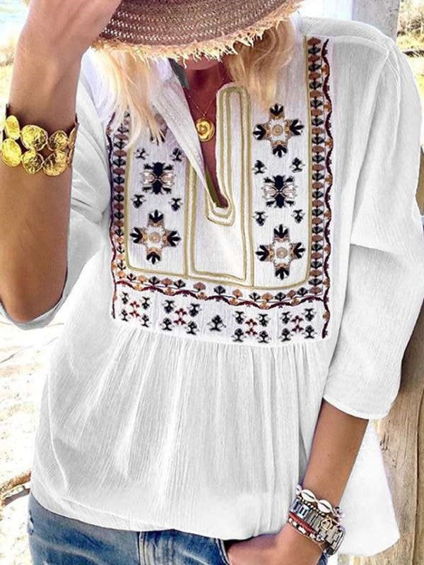 Casual Loose Embroidery V neck Long sleeve Blouses
