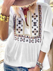 Casual Loose Embroidery V neck Long sleeve Blouses