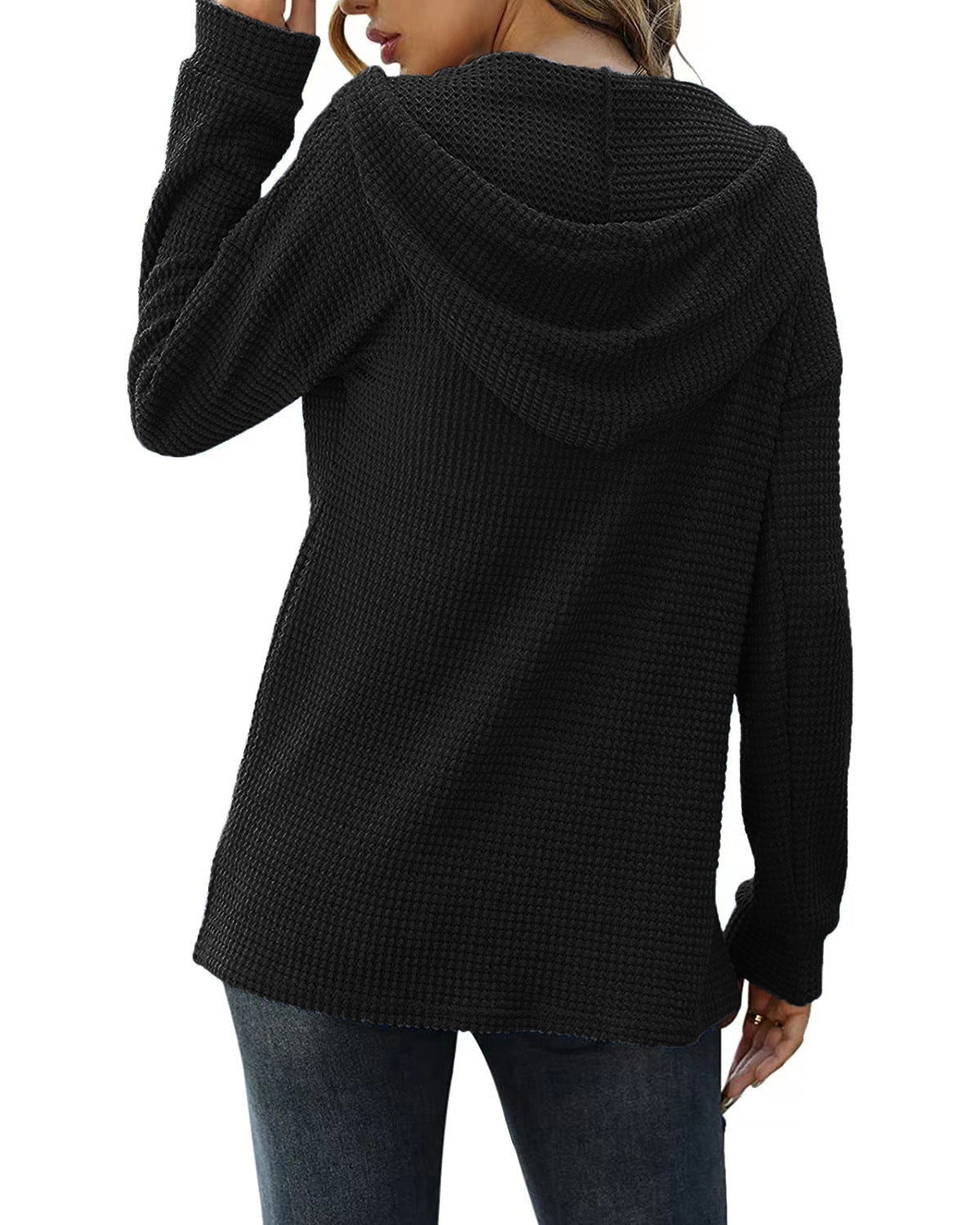 Loose Sports Knit Long Sleeve Button Hooded Sweatshirts
