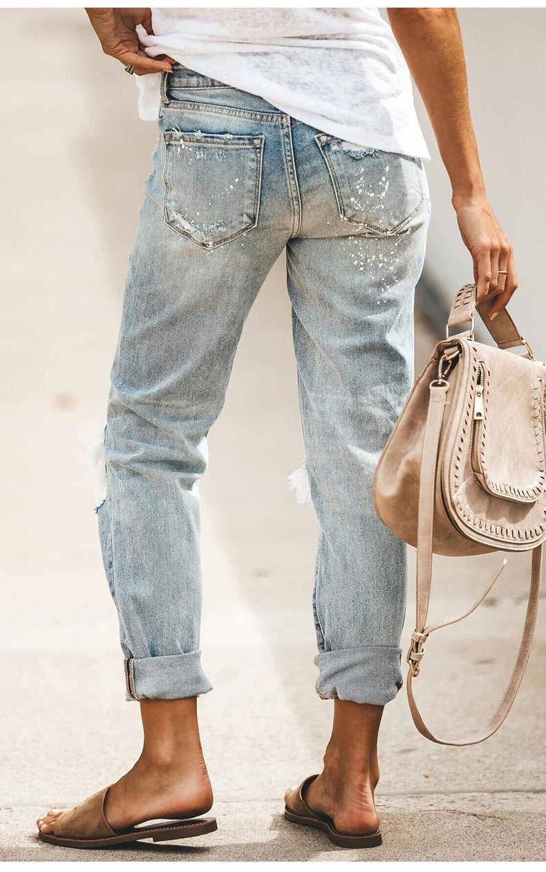 Basic fashion hole design denim jeans long pants