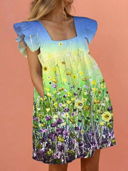 Casual Loose Floral print Square collar Falbala Shift Dresses