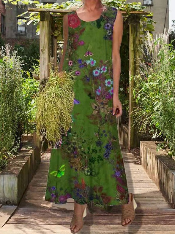 Casual fresh floral print round neck maxi dresses