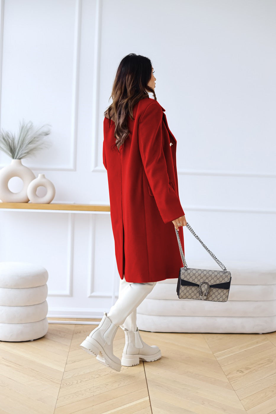 Simple long-sleeved big lapel double-breasted long coats