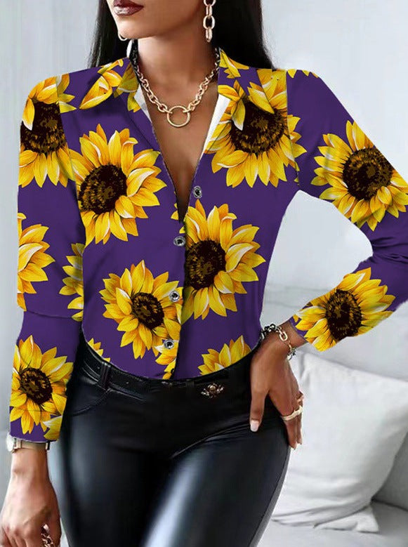 Women's Long Sleeve Buttoned Sunflower Print Shirt Blouses