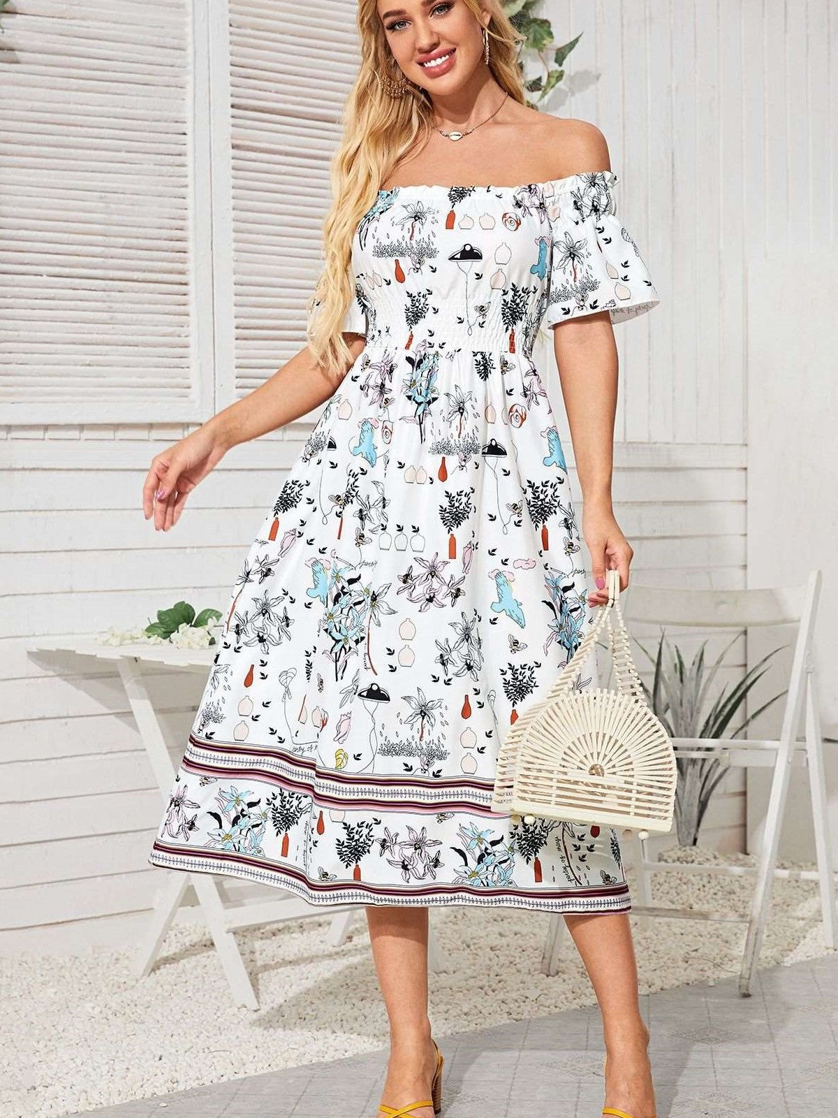 One shoulder Short sleeve Floral print Skater Dresses