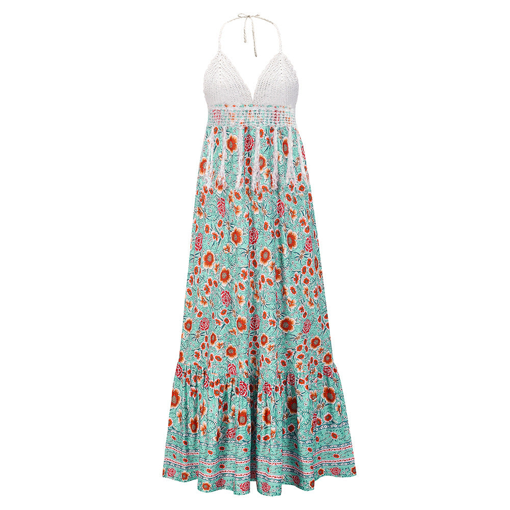 Vacation beach wearing printed halter neck women sleeveless long dresses