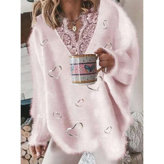 Casual Loose Lace Gored V neck Long sleeve Plush Sweaters