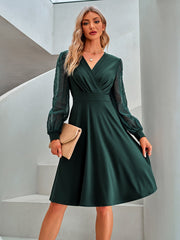 V-neck solid long sleeveelegant skater dresses(3 colors)
