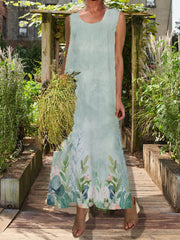 Casual fresh floral print round neck maxi dresses