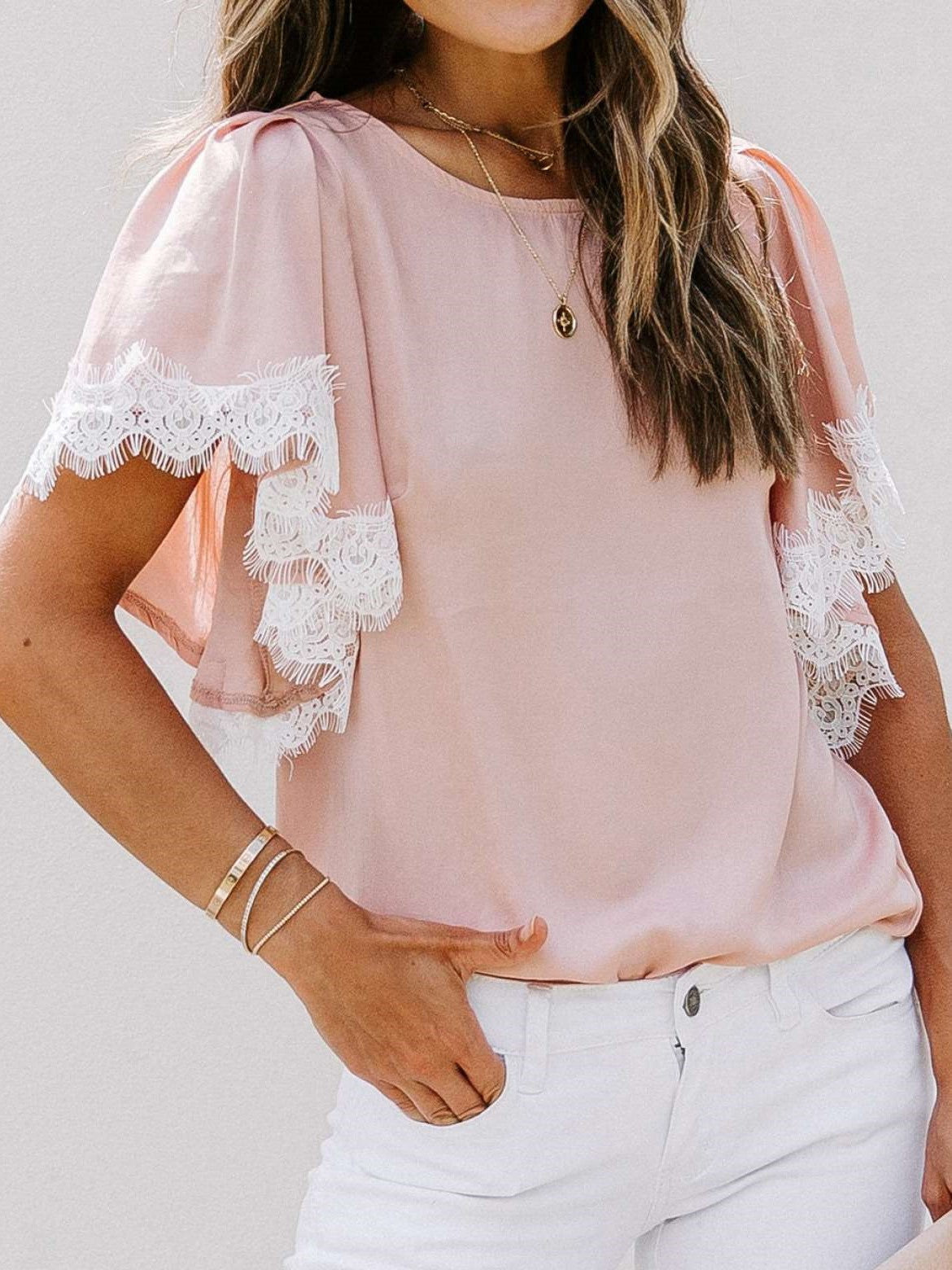 Casual Lace Gored Round neck Short sleeve T-Shirts