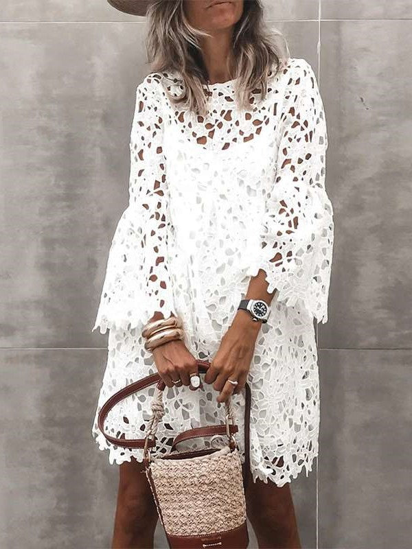 Casual Loose Pure Lace Hollow out Round neck Long sleeve Shift Dresses