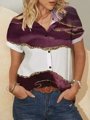 Casual Gored print Lapel Short sleeve Blouses