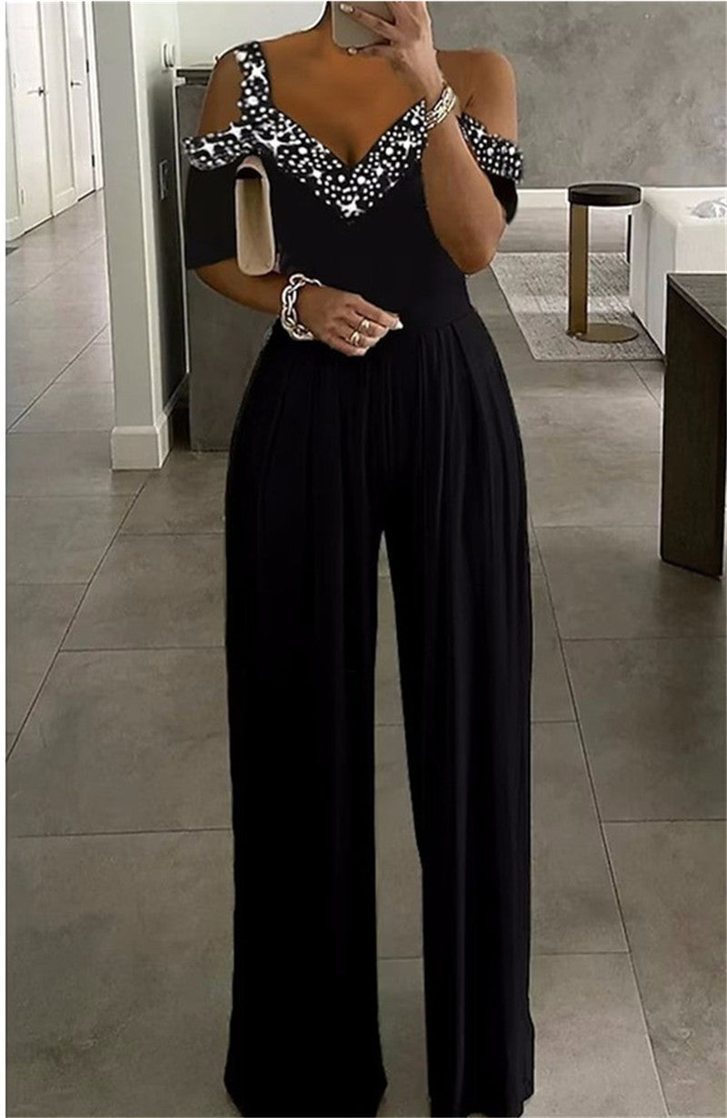 V neck off shoulder women wide-leg jumpsuits