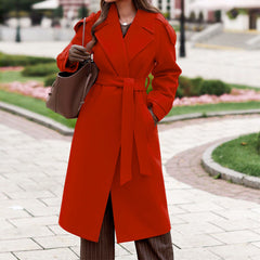 Winter warm elegant women plain slim turn down neck long coats outwear