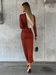 Sexy V-Neck Satin Pleated Long Sleeve Maxi Dress