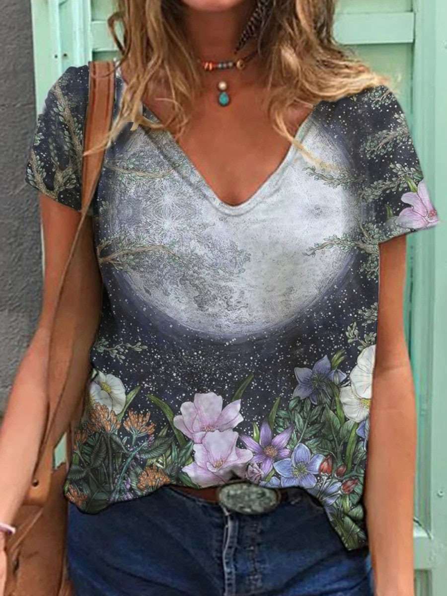 Casual Floral print V neck Short sleeve T-Shirts