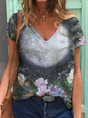 Casual Floral print V neck Short sleeve T-Shirts