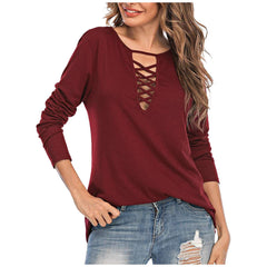 Fashion Pure Lacing V neck Long sleeve T-Shirts