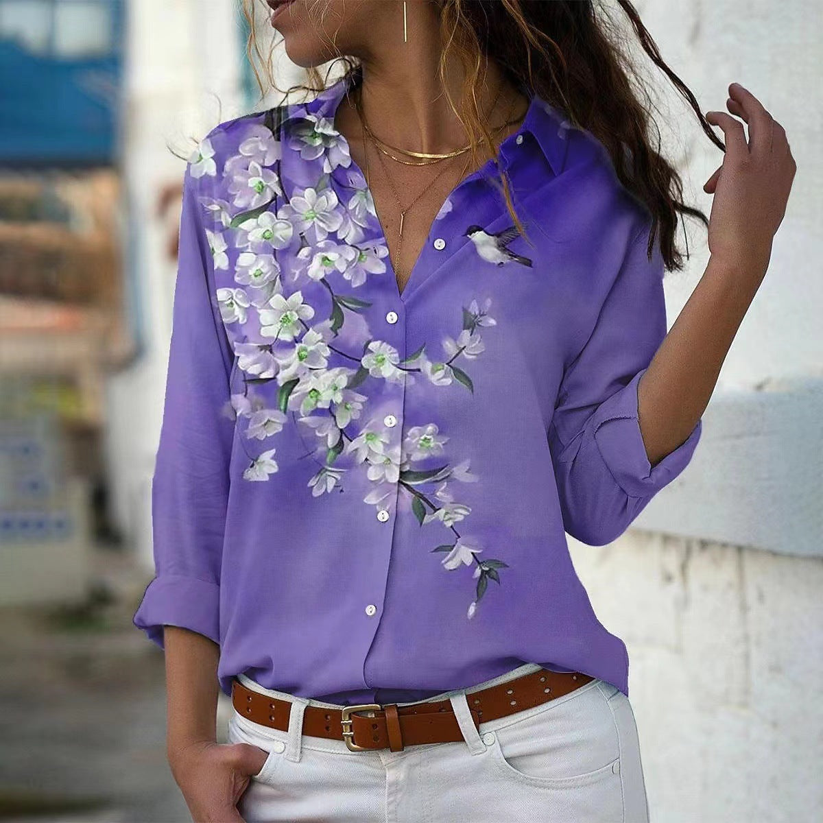 Shirt Collar Floral Casual Blouses for Women