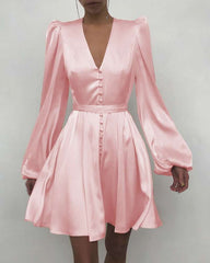Elegant Fastener V neck Long sleeve Skater Dresses
