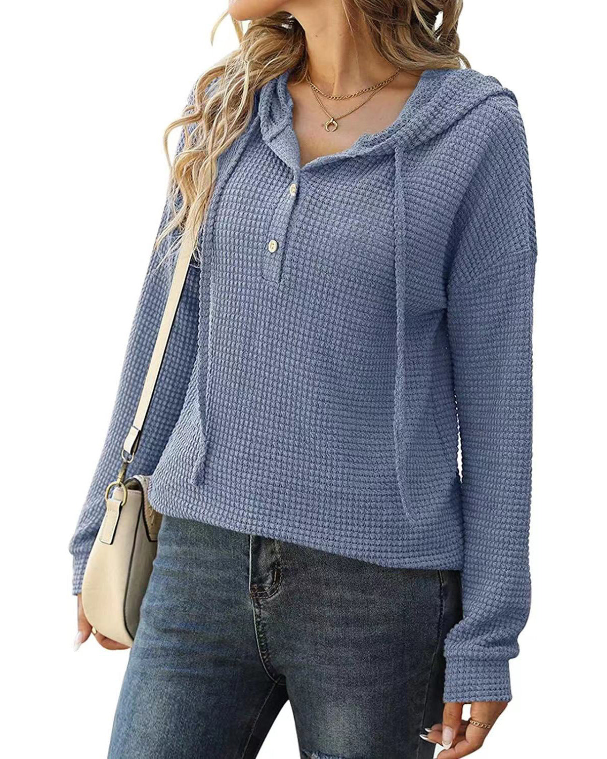 Loose Sports Knit Long Sleeve Button Hooded Sweatshirts