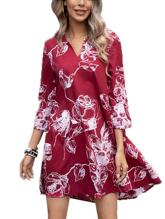 Casual Loose Floral print V neck Three quarter sleeve Shift Dresses