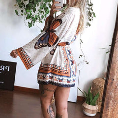 Casual Loose Floral print V neck Long sleeve Lacing Skater Dresses