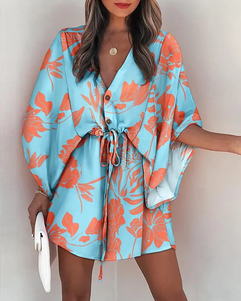 Fashion New Printed Shirt Dress Deep v neck Half Neck Vacation Dresses