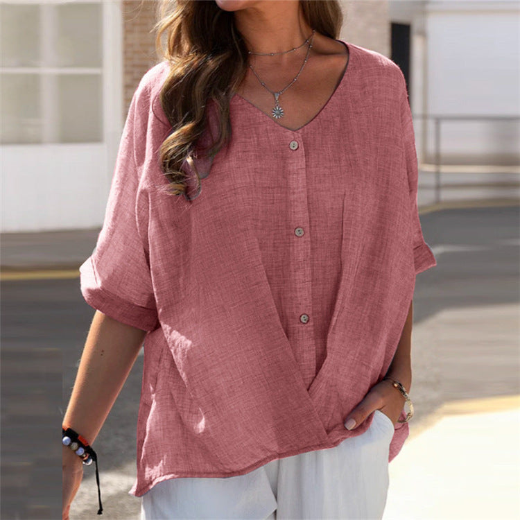 V Neck Pullover Short Sleeve Loose Fit Women's Irregular Casual Shirt