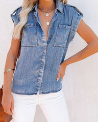 Casual Pure Lapel Short sleeve Jean Blouses