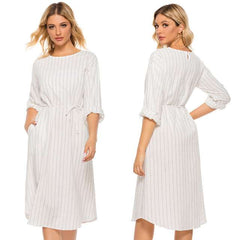 Casual Loose Stripe Lacing Long sleeve Round neck Maxi Dresses