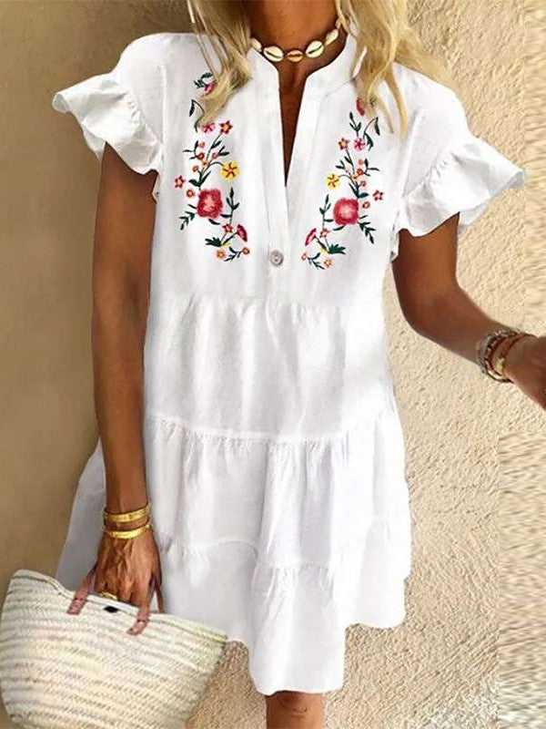 Casual Floral print V neck Short sleeve Falbala Shift Dresses