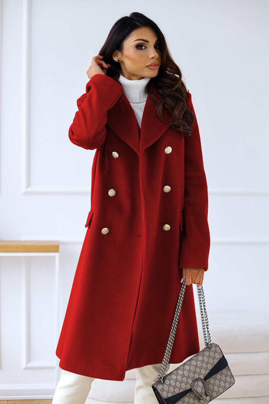 Simple long-sleeved big lapel double-breasted long coats