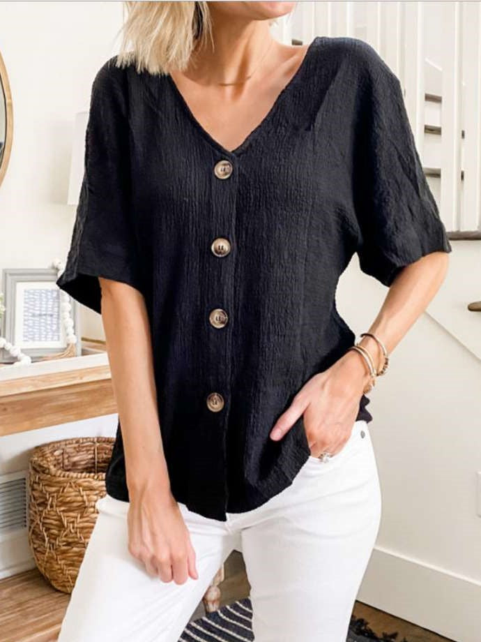 Casual Pure Fastener V neck Short sleeve Blouses