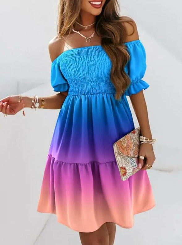 Short-Sleeve T-Neck Neck High Waist Pleated Printed Skater dresses