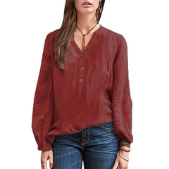 Casual women daily v neck button design long sleeve plain blouses