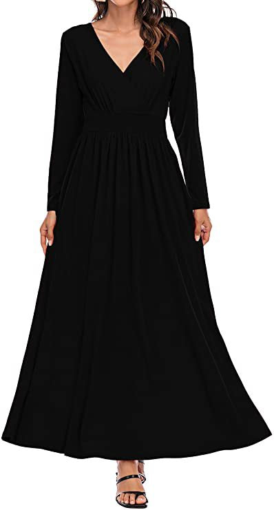 V neck long sleeve slim maxi dresses