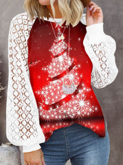 Christmas round neck printed lace lantern long-sleeved T-shirts