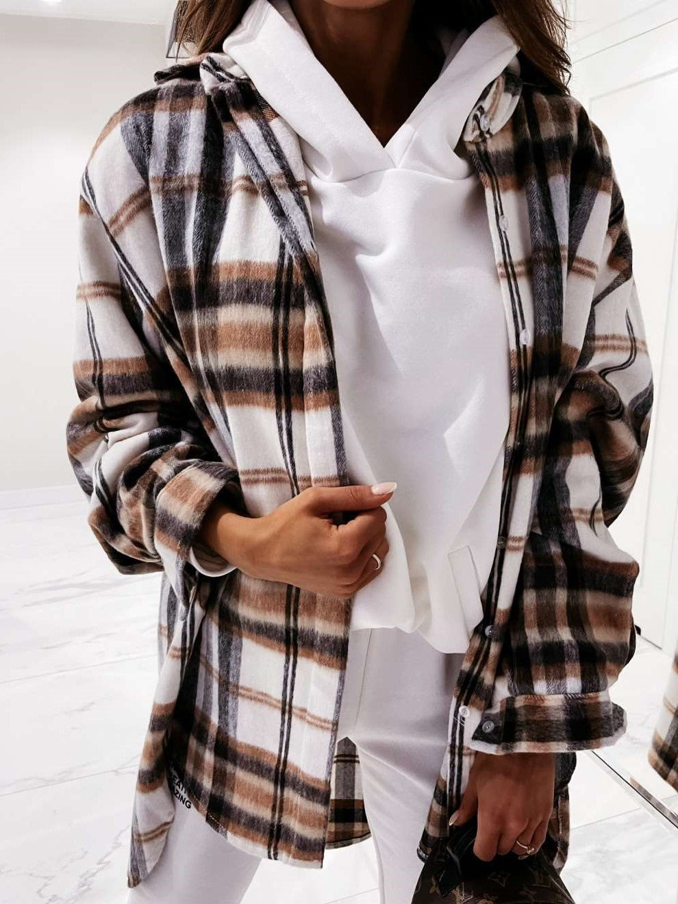 Casual Loose Plaid print Lapel Long sleeve Shirt Coats