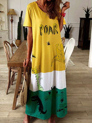 Casual Loose Animal print Round neck Short sleeve Maxi Dresses