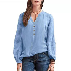 Casual women daily v neck button design long sleeve plain blouses