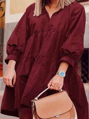 Casual Loose Pure V neck Puff sleeve Shift Dresses