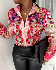 Fashion new printed Turn down neck long sleeve button blouses