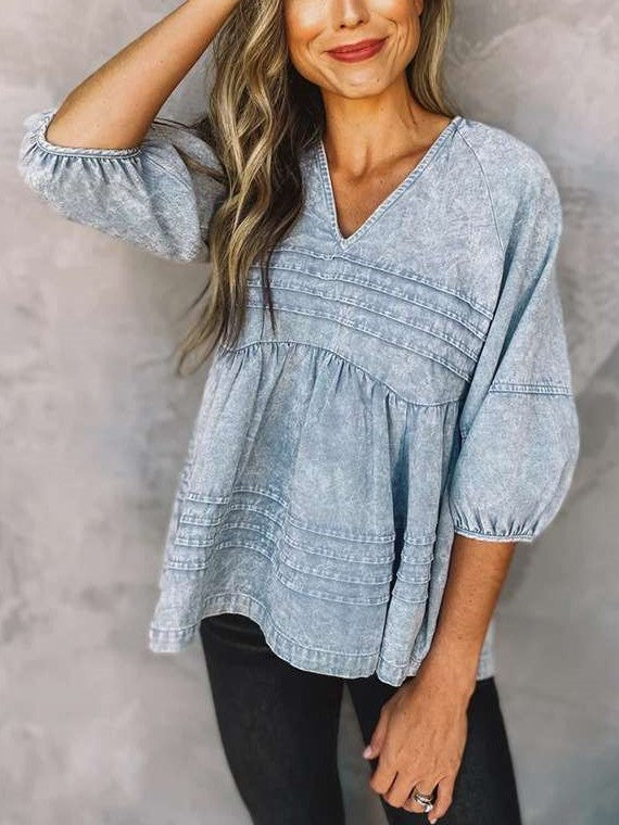 Casual Gored Jean V neck Three quarter sleeve T-Shirts