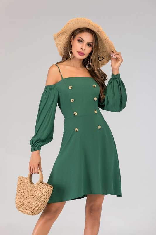 Body fit Fastener Lacing Puff sleeve Shift Dresses